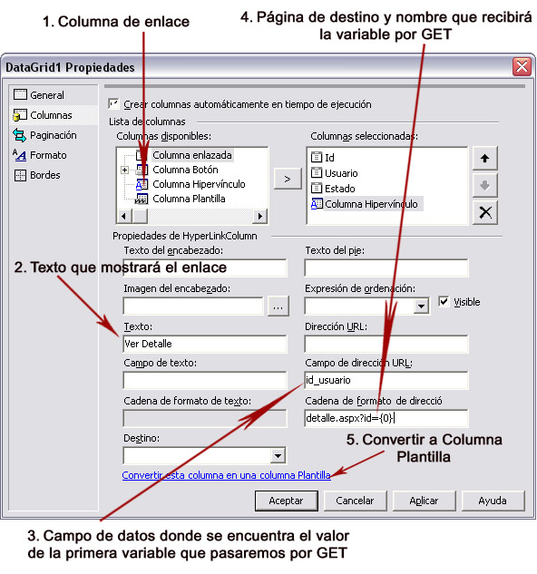 Creamos el datagrid y aadimos el primer parmetro por get